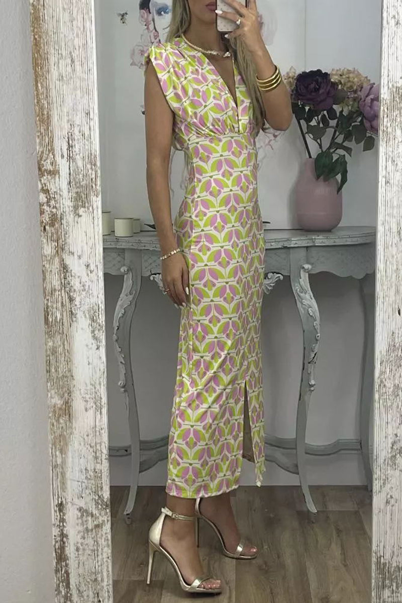 Celebrities Geometric Print Contrast V Neck One Step Skirt Dresses