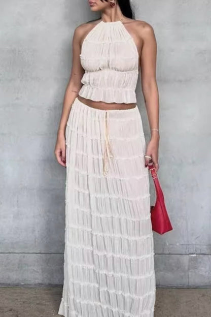 Vacation Backless Fold Halter Sleeveless Two Pieces