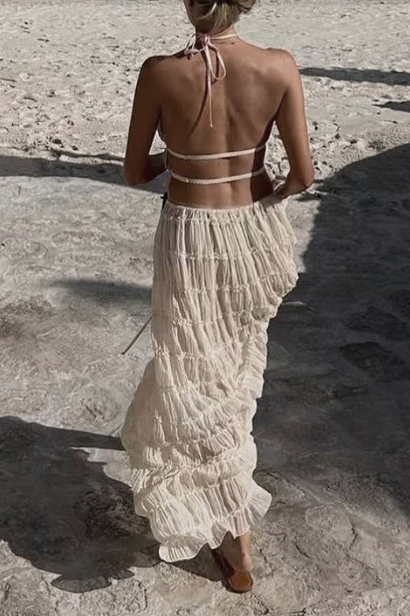Vacation Backless Fold Halter Sleeveless Two Pieces