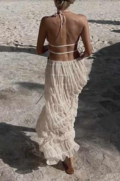 Vacation Backless Fold Halter Sleeveless Two Pieces