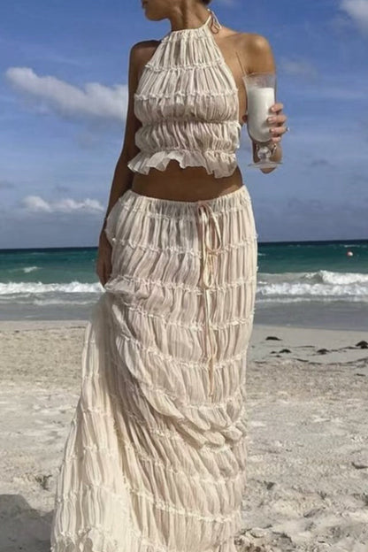 Vacation Backless Fold Halter Sleeveless Two Pieces
