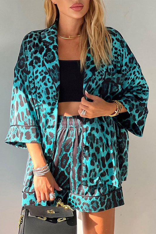 Print Leopard Patchwork Turndown Collar Half Sleeve Two Pieces