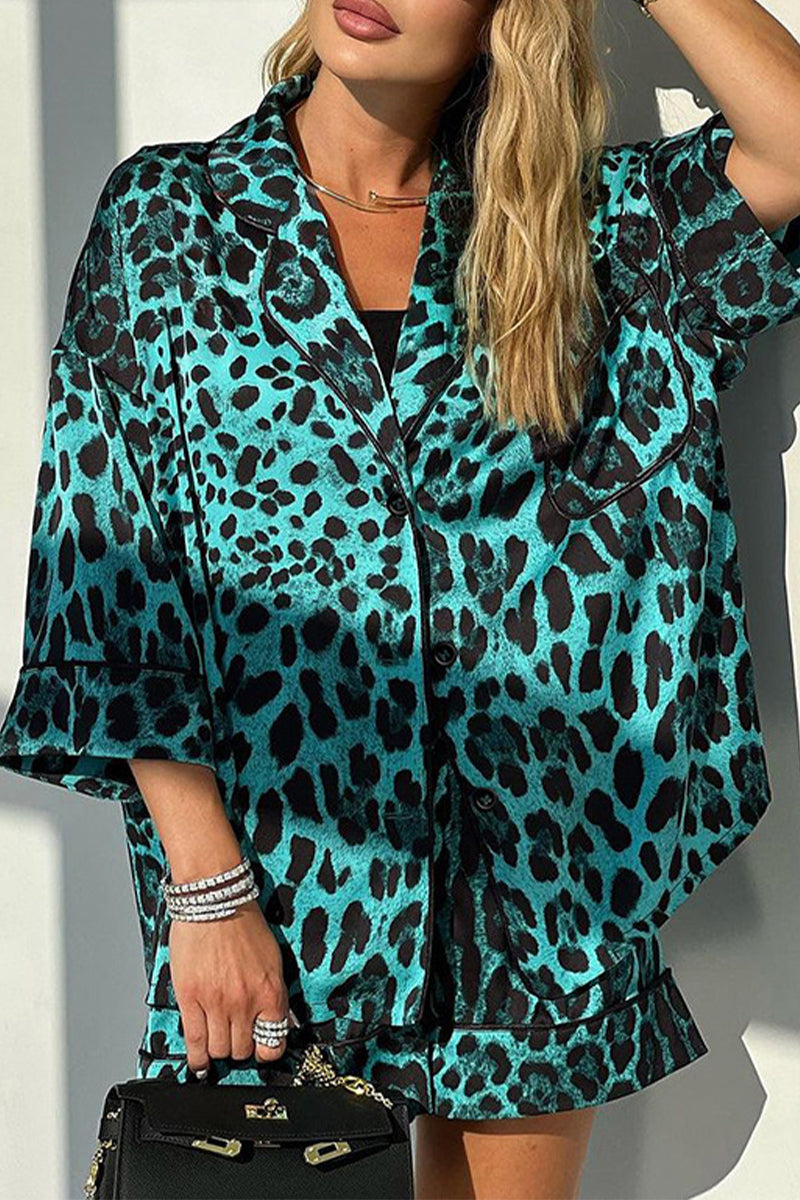 Print Leopard Patchwork Turndown Collar Half Sleeve Two Pieces