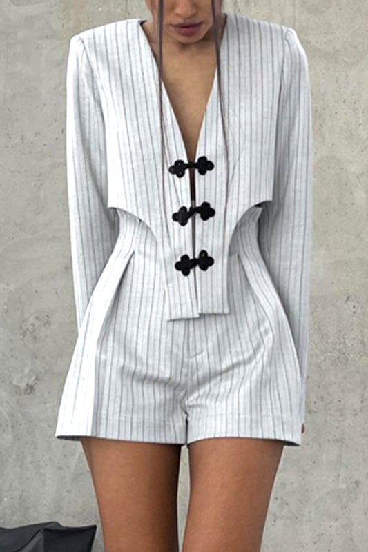 British Style Striped Buttons Asymmetrical V Neck Long Sleeve Two Pieces