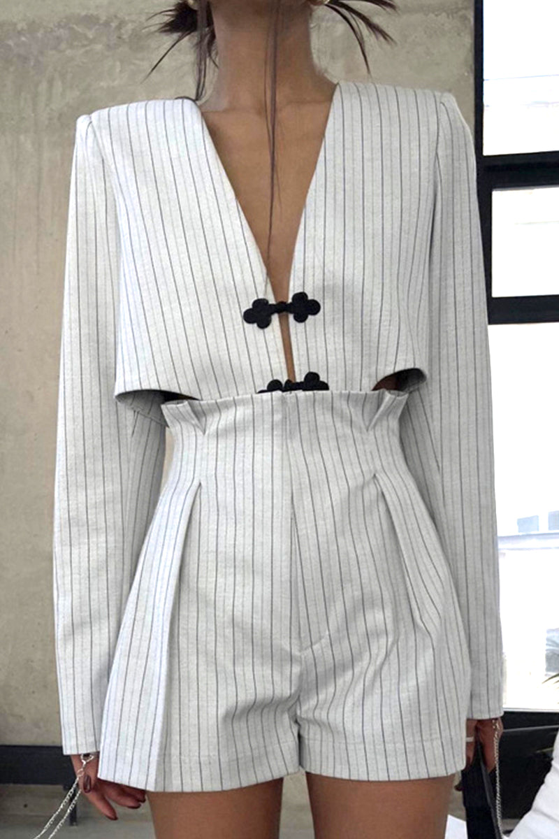 British Style Striped Buttons Asymmetrical V Neck Long Sleeve Two Pieces