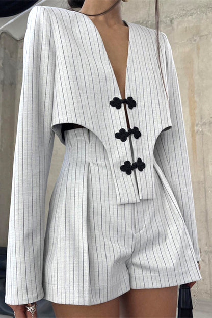 British Style Striped Buttons Asymmetrical V Neck Long Sleeve Two Pieces