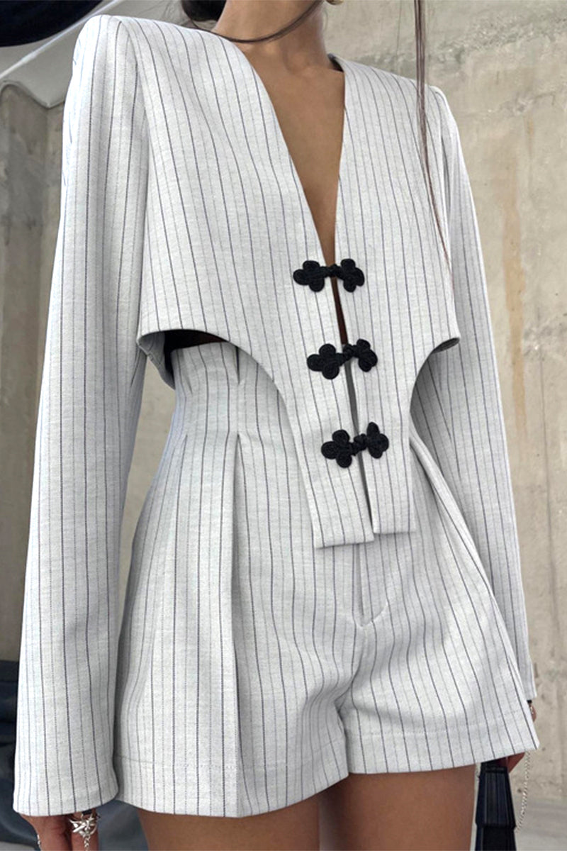 British Style Striped Buttons Asymmetrical V Neck Long Sleeve Two Pieces