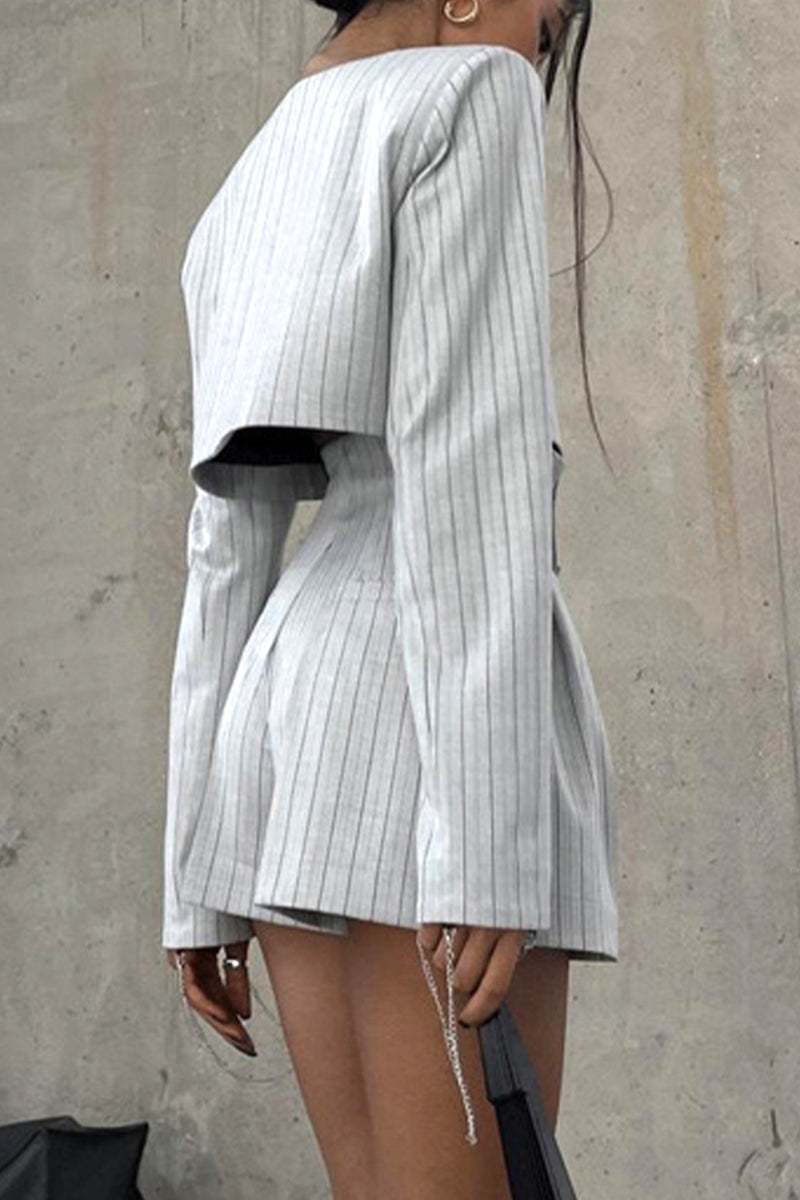 British Style Striped Buttons Asymmetrical V Neck Long Sleeve Two Pieces