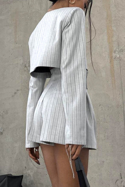 British Style Striped Buttons Asymmetrical V Neck Long Sleeve Two Pieces