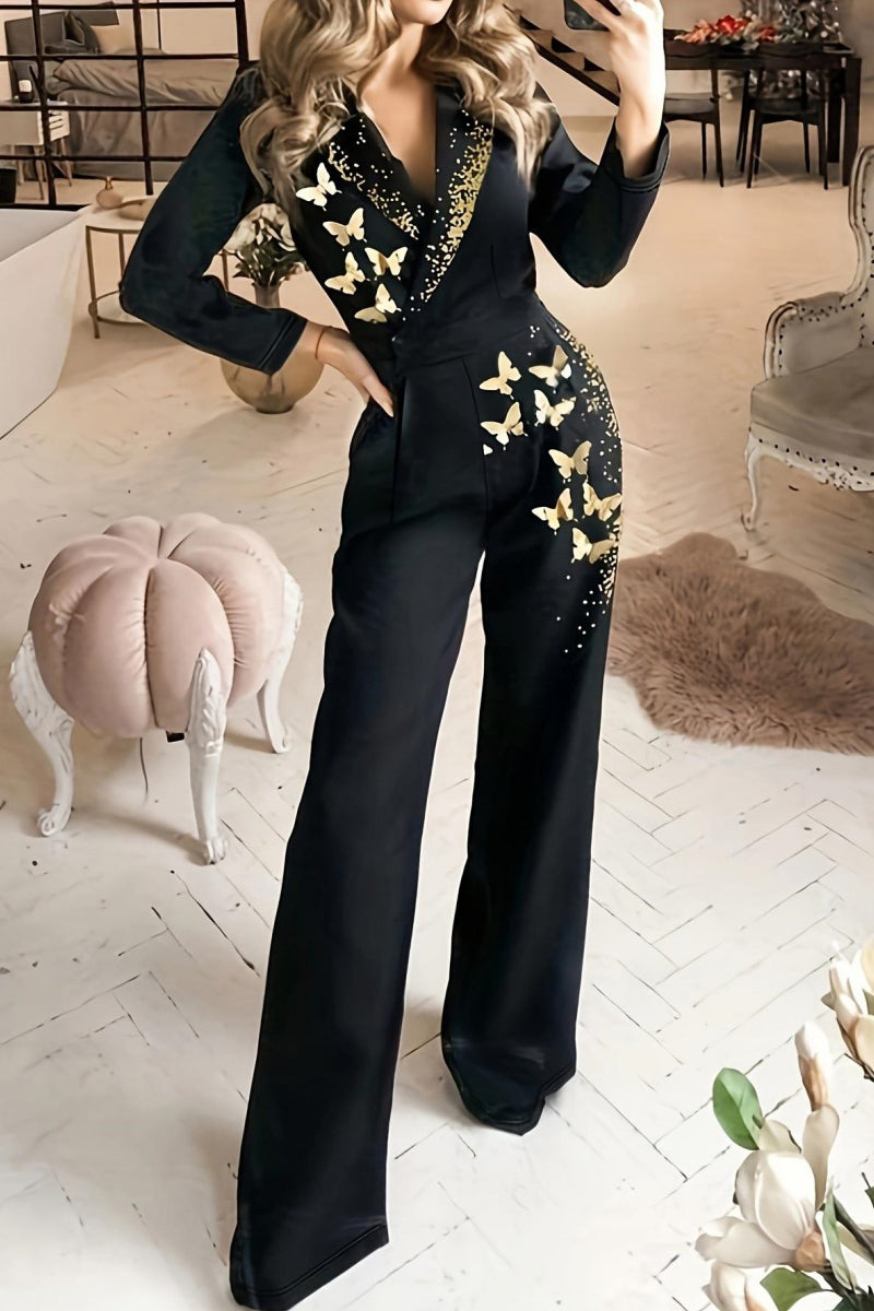 Butterfly Print Pocket V Neck Regular Jumpsuits