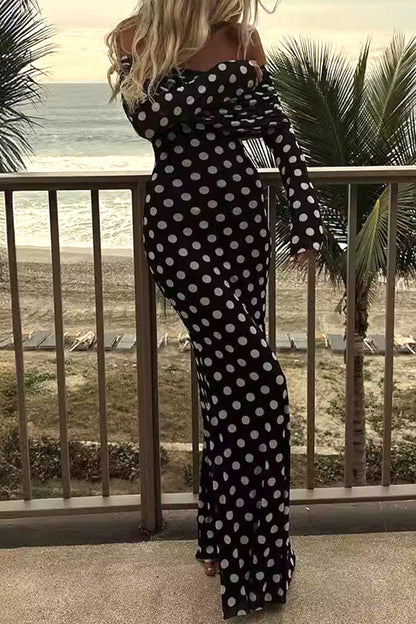 Celebrities Polka Dot Mesh Off the Shoulder One Step Skirt Dresses
