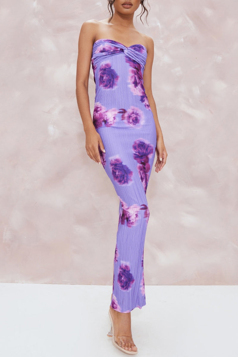 Vacation Geometric Print Fold Strapless One Step Skirt Dresses