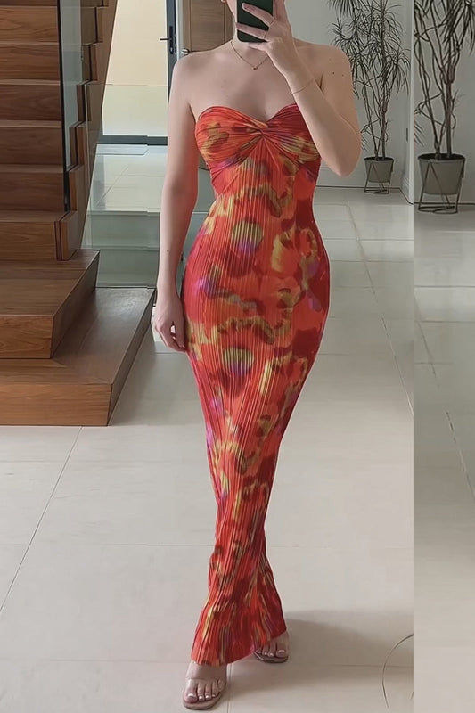 Vacation Geometric Print Fold Strapless One Step Skirt Dresses