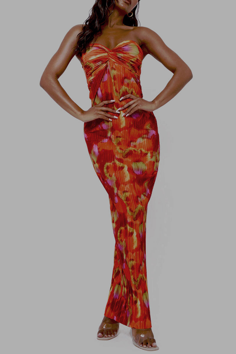 Vacation Geometric Print Fold Strapless One Step Skirt Dresses