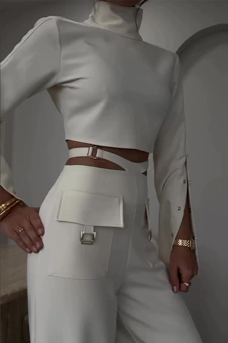 Hollowed Out Metal Accessories Decoration Turtleneck Long Sleeve Two Pieces