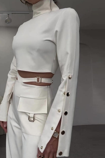 Hollowed Out Metal Accessories Decoration Turtleneck Long Sleeve Two Pieces