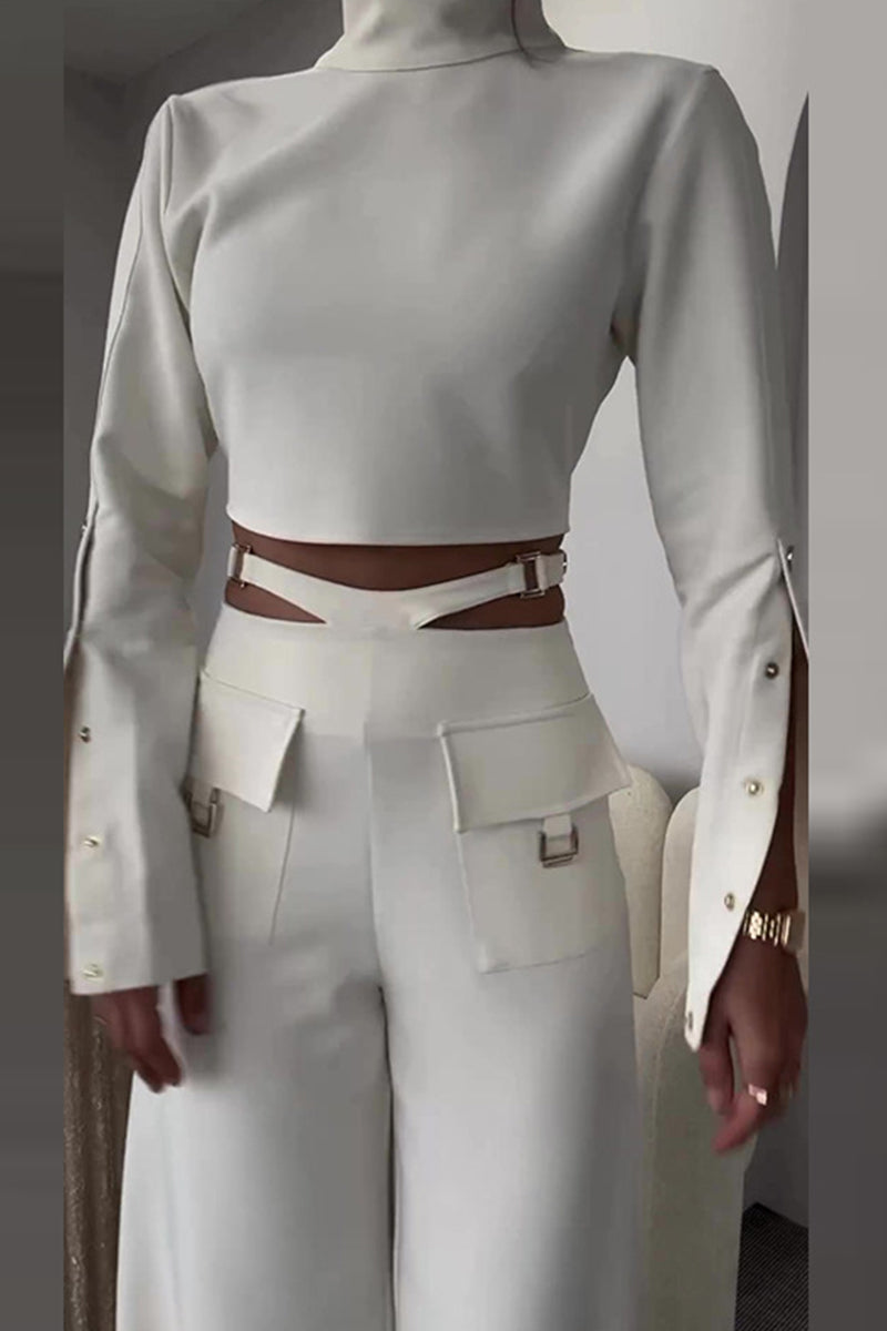Hollowed Out Metal Accessories Decoration Turtleneck Long Sleeve Two Pieces
