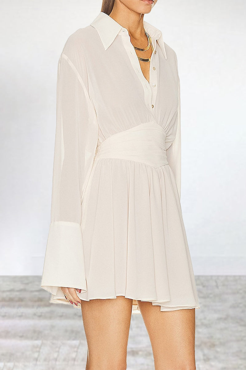 Simplicity Patchwork Turndown Collar Waist Skirt Dresses