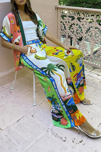 Print Graffiti Patchwork Turndown Collar Short Sleeve Two Pieces