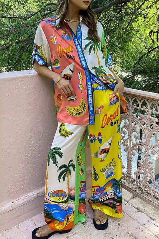 Print Graffiti Patchwork Turndown Collar Short Sleeve Two Pieces