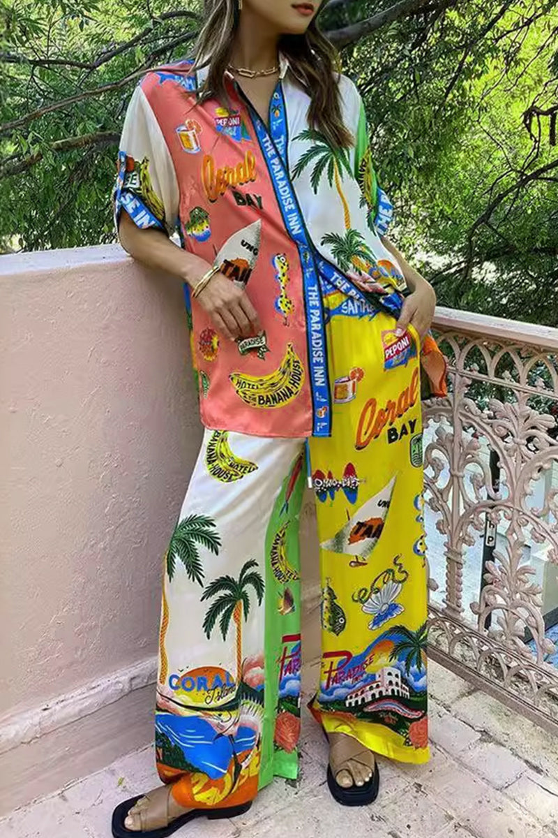 Print Graffiti Patchwork Turndown Collar Short Sleeve Two Pieces