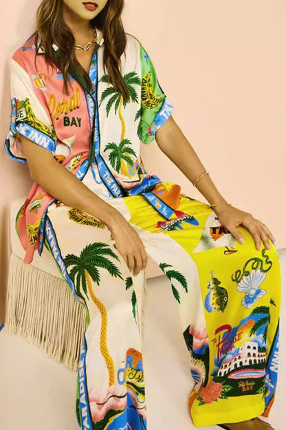 Print Graffiti Patchwork Turndown Collar Short Sleeve Two Pieces