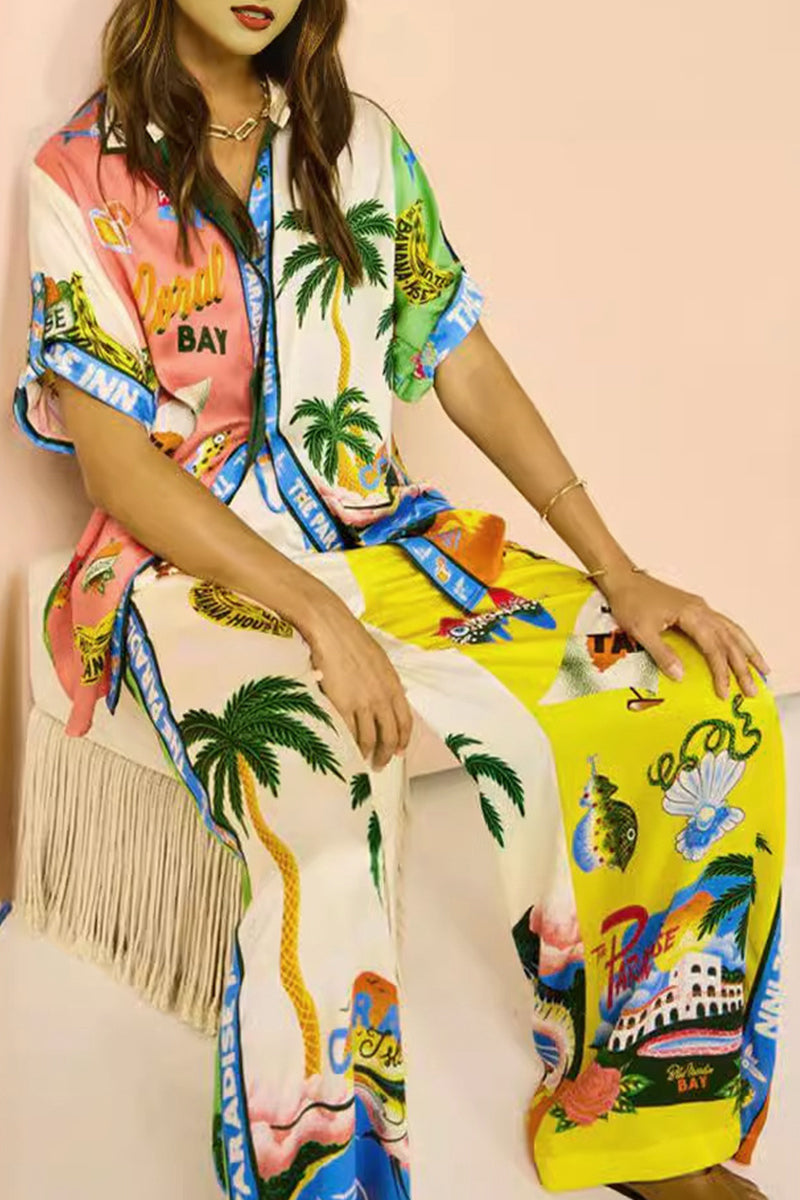Print Graffiti Patchwork Turndown Collar Short Sleeve Two Pieces