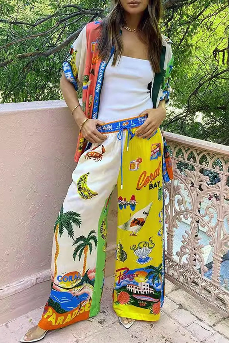 Print Graffiti Patchwork Turndown Collar Short Sleeve Two Pieces