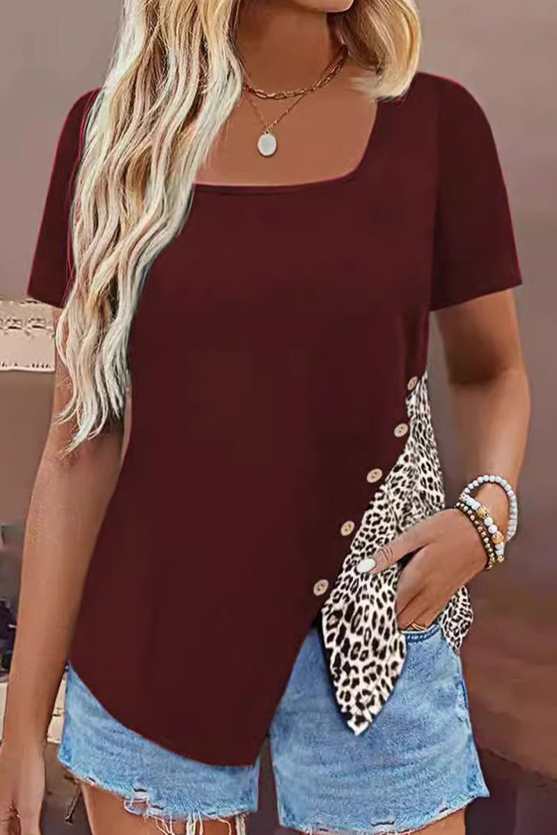 Leopard Patchwork Buttons Square Collar T-shirts