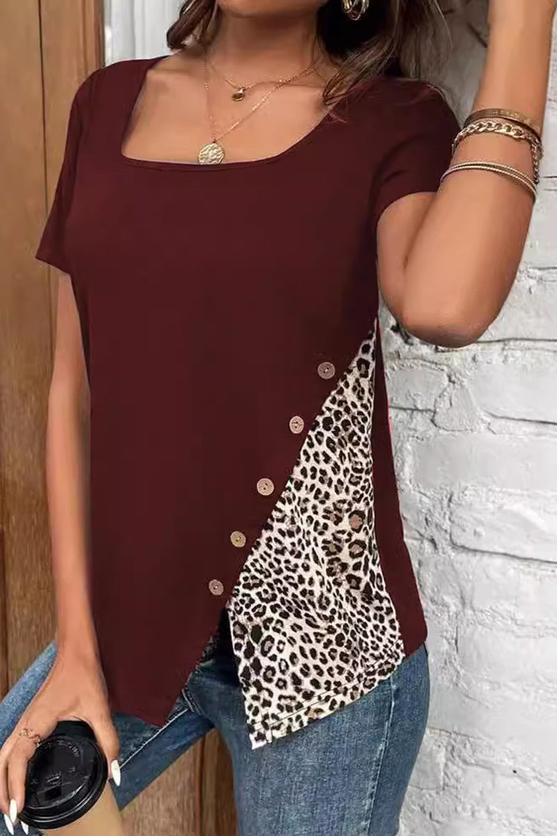 Leopard Patchwork Buttons Square Collar T-shirts
