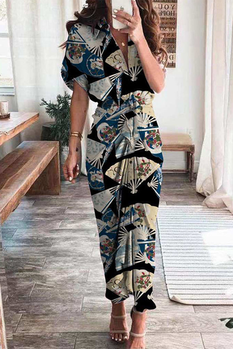 Print Frenulum Buckle Turndown Collar Pencil Skirt Dresses(7 Colors)
