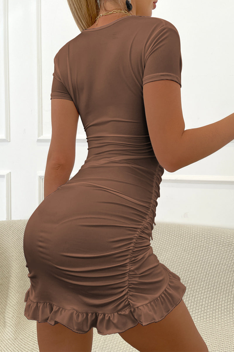 Hollowed Out Flounce V Neck Wrapped Skirt Dresses