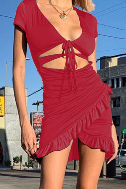 Hollowed Out Flounce V Neck Wrapped Skirt Dresses