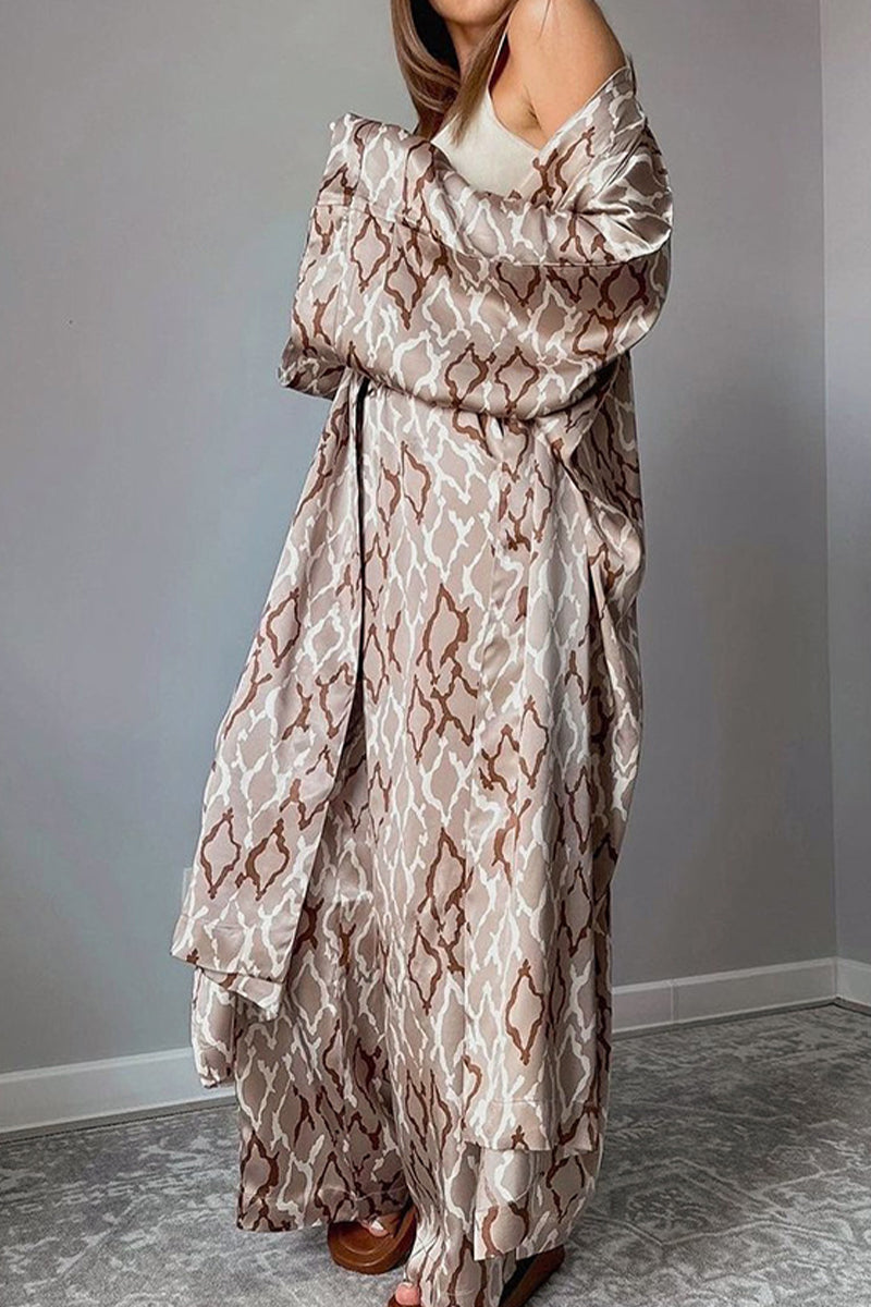 Geometric Print Patchwork V Neck Long Sleeve Two Pieces