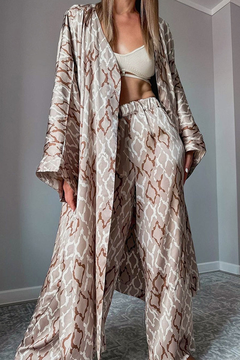 Geometric Print Patchwork V Neck Long Sleeve Two Pieces