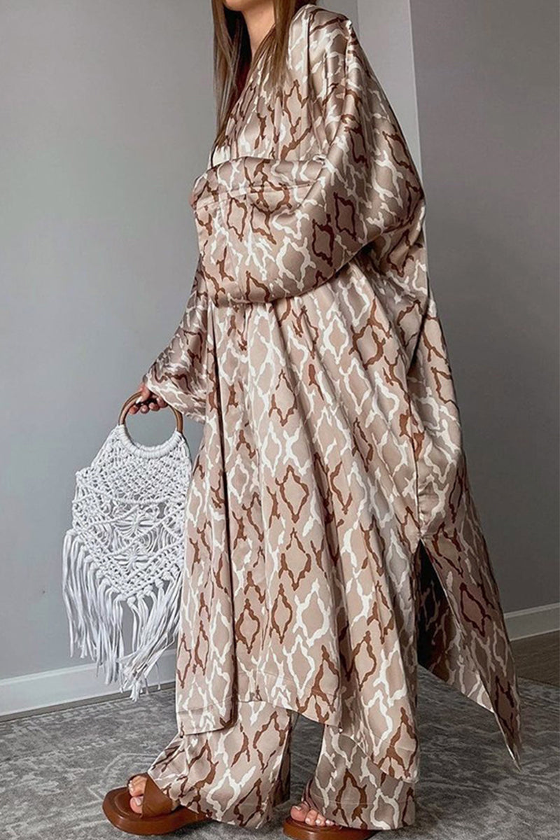 Geometric Print Patchwork V Neck Long Sleeve Two Pieces