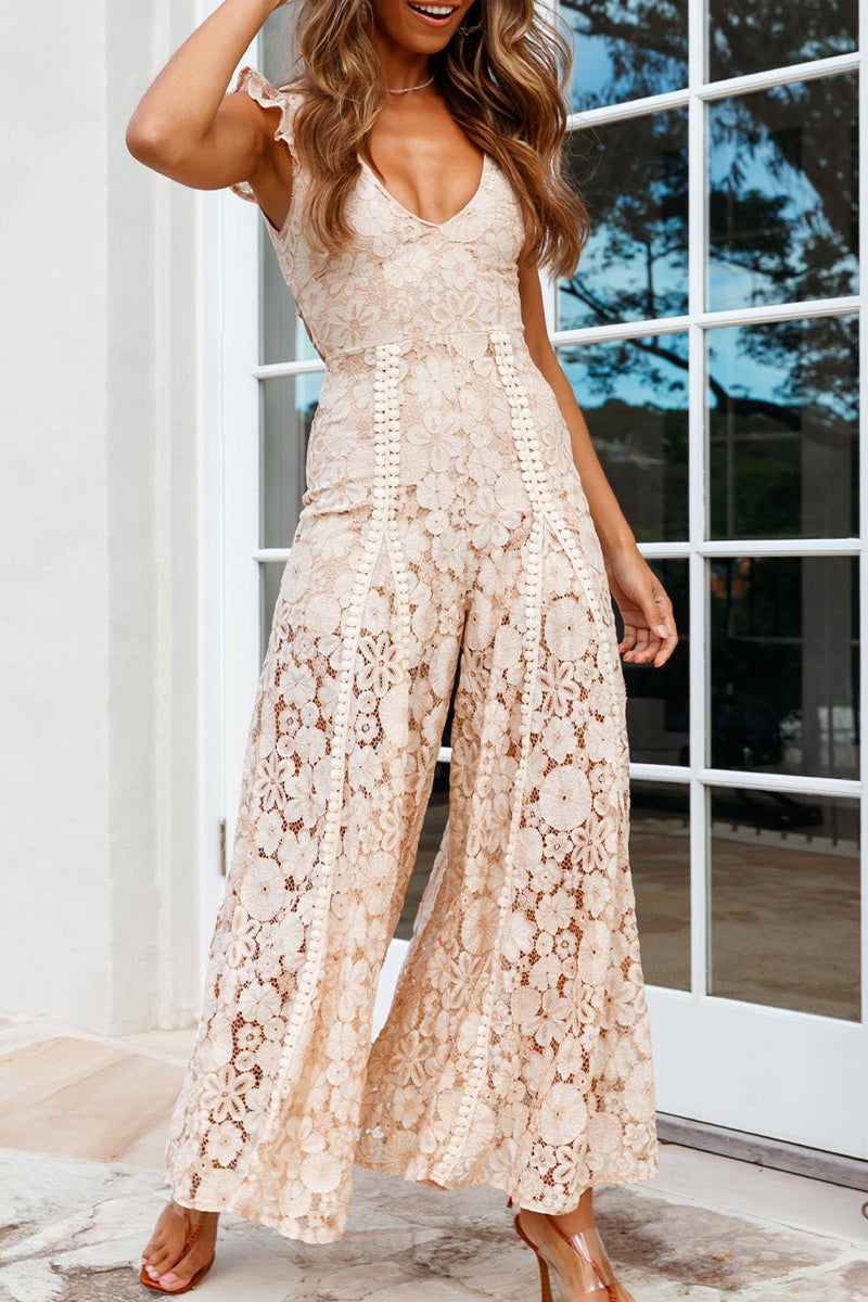 Embroidered Backless V Neck Jumpsuits