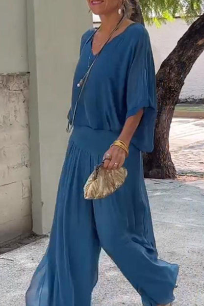 Patchwork V Neck Half Sleeve Two Pieces