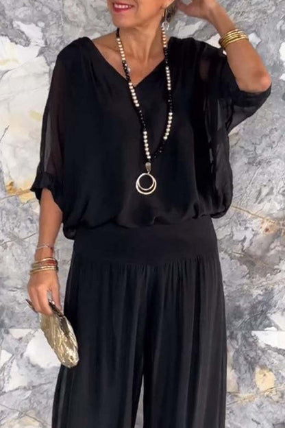 Patchwork V Neck Half Sleeve Two Pieces