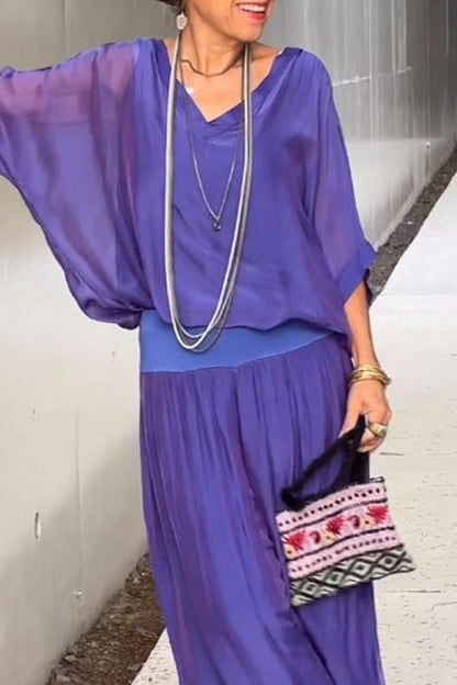 Patchwork V Neck Half Sleeve Two Pieces