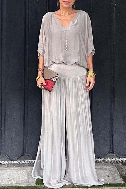 Patchwork V Neck Half Sleeve Two Pieces