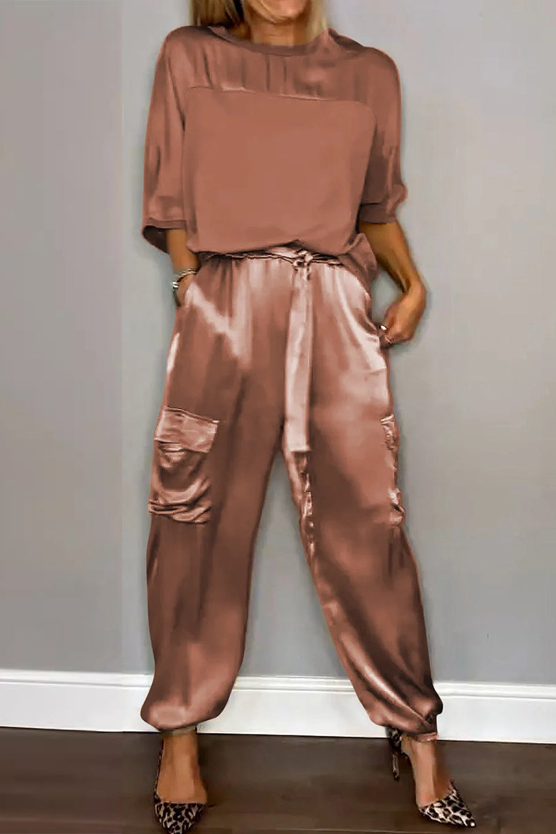 Pocket O Neck Short Sleeve Two Pieces
