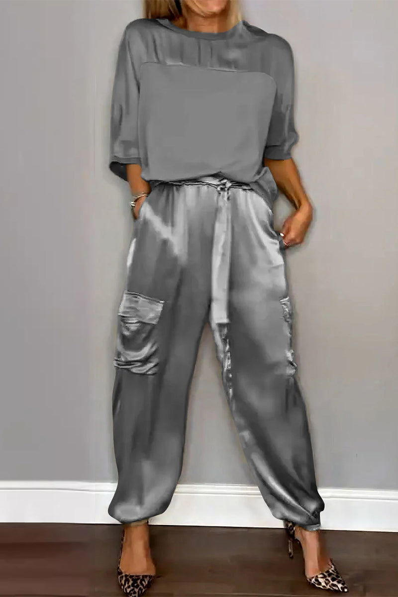 Pocket O Neck Short Sleeve Two Pieces