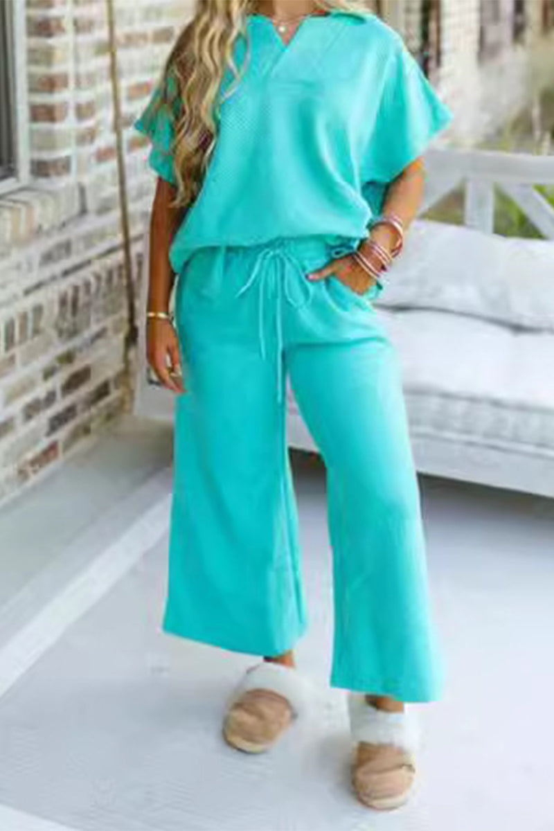 Simplicity Patchwork Pocket V Neck Short Sleeve Two Pieces