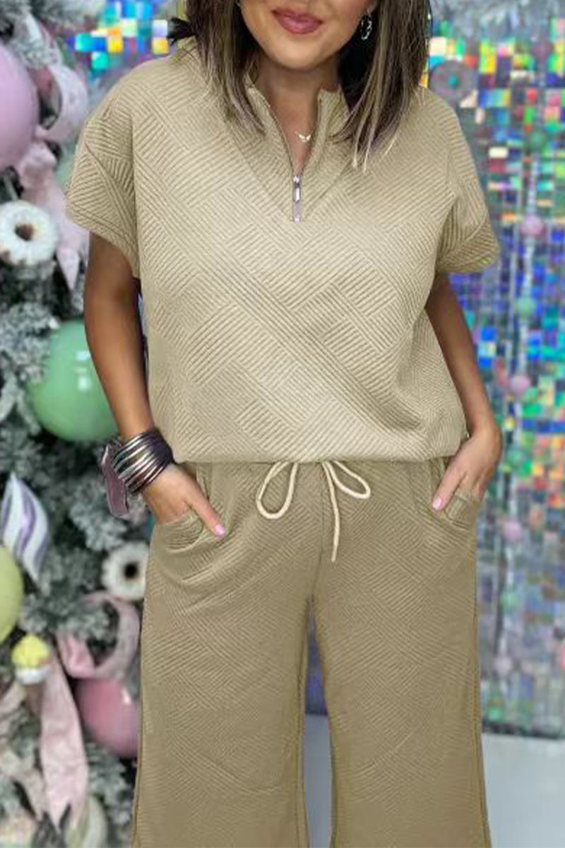 Simplicity Pocket Zipper Texture Turndown Collar Short Sleeve Two Pieces