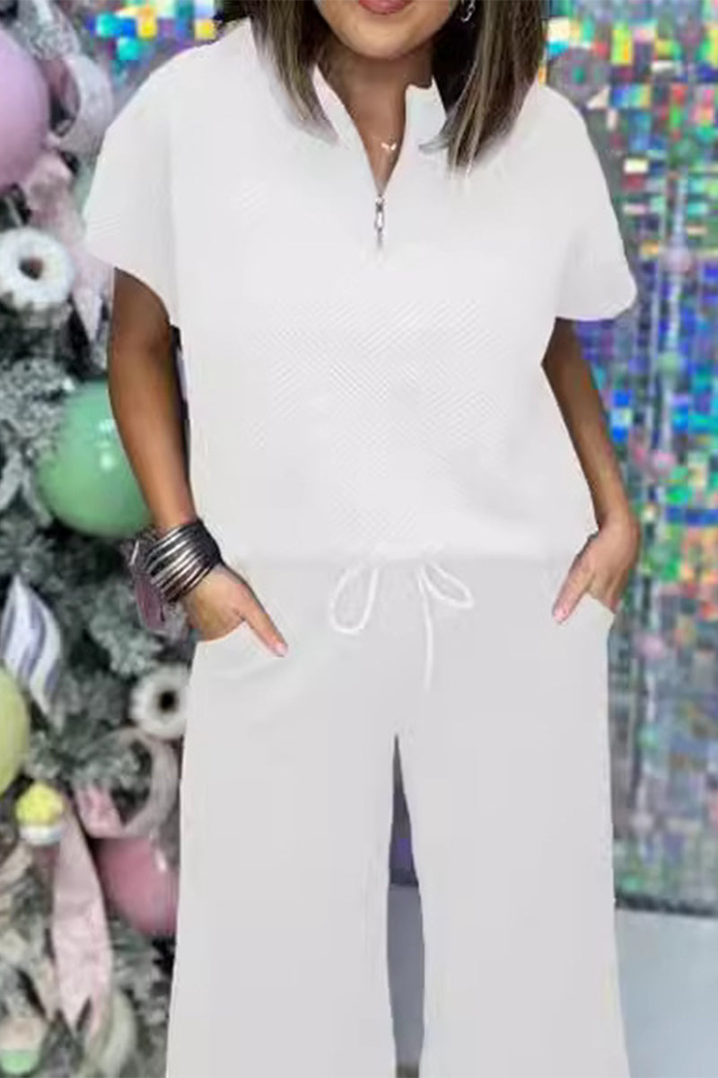 Simplicity Pocket Zipper Texture Turndown Collar Short Sleeve Two Pieces