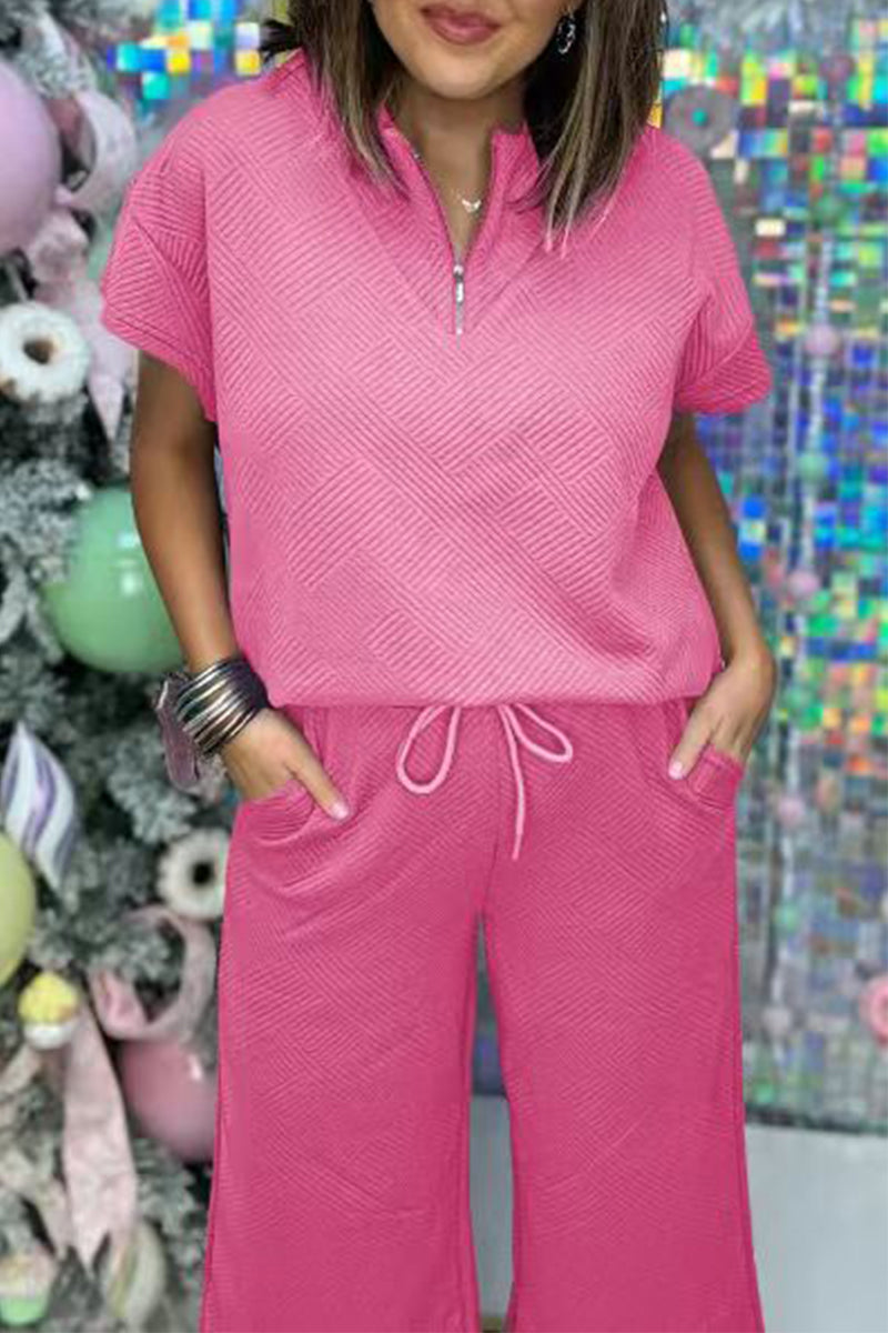 Simplicity Pocket Zipper Texture Turndown Collar Short Sleeve Two Pieces