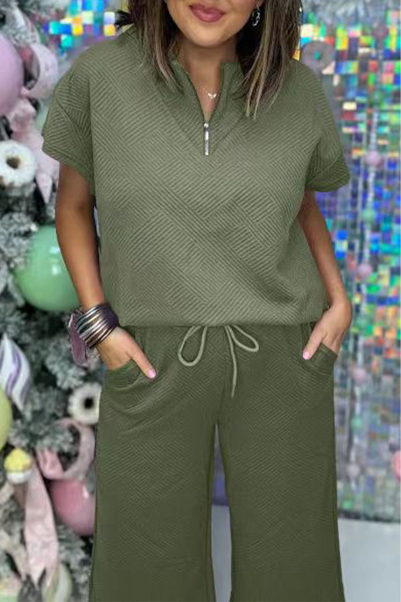 Simplicity Pocket Zipper Texture Turndown Collar Short Sleeve Two Pieces