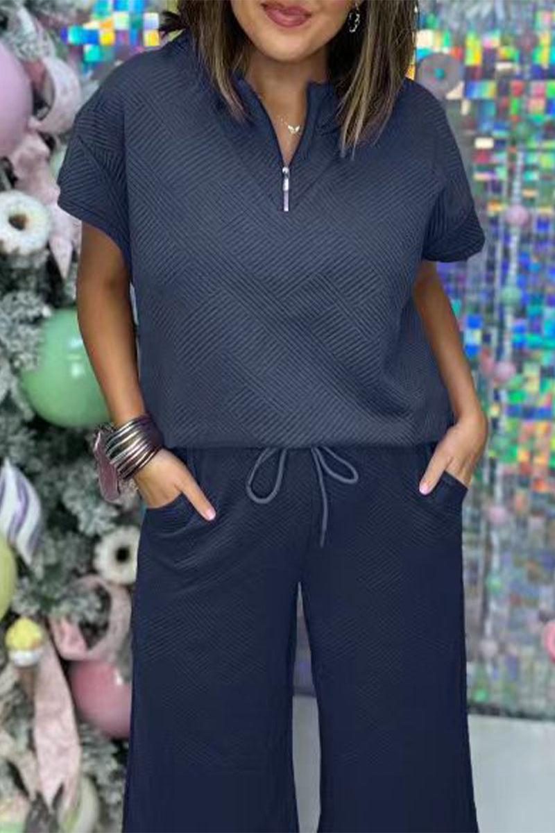 Simplicity Pocket Zipper Texture Turndown Collar Short Sleeve Two Pieces