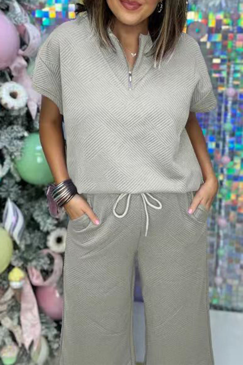 Simplicity Pocket Zipper Texture Turndown Collar Short Sleeve Two Pieces